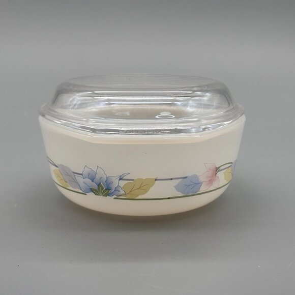 Vintage Arcuisine France Milk Glass Casserole Dish With Pastel Floral Band - Picture 3 of 8